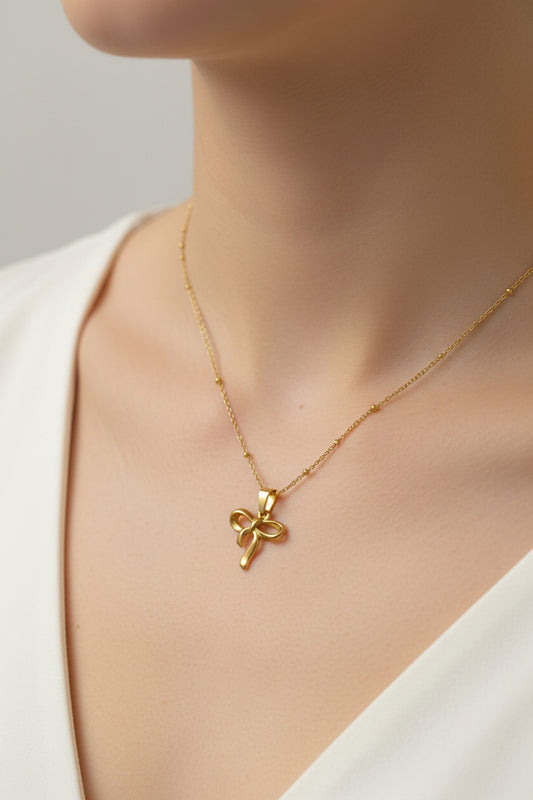 old Plated Bow Pendant Necklace – Minimal Cute Ribbon Charm Chain for Women