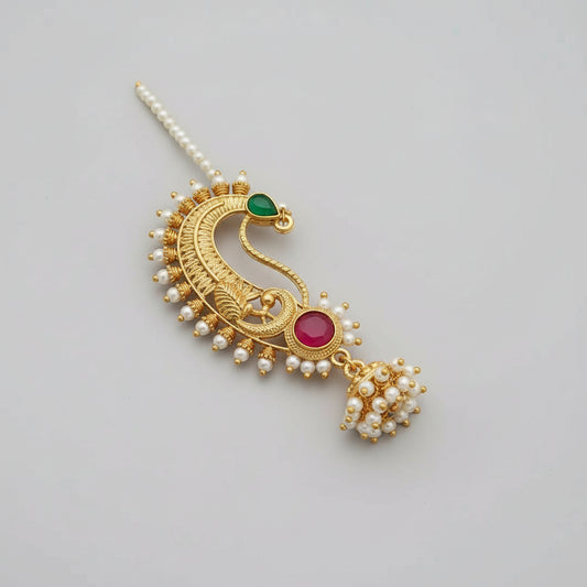 Gold Plated Temple Peacock Jhumka Earrings with Pearl Chain & Pink Green Stones