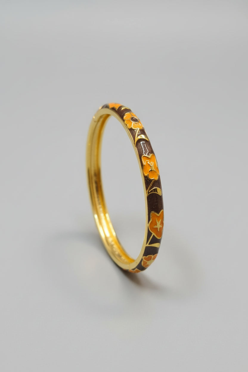 Brown Enamel Floral Anti-Tarnish Gold Bangle Bracelet for Women |