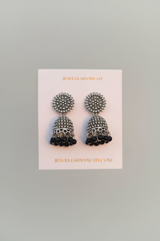 SILVER OXIDISED JHUMI WITH BLACK PEARL