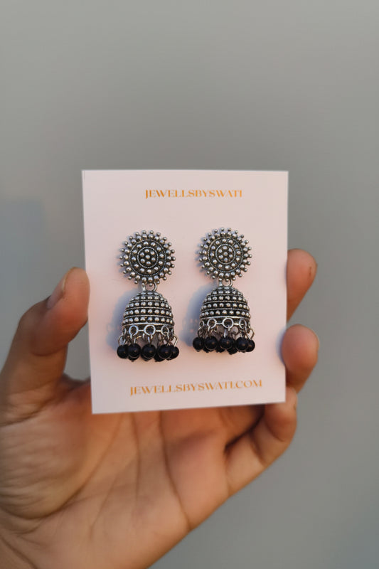 SILVER OXIDISED JHUMI WITH BLACK PEARL