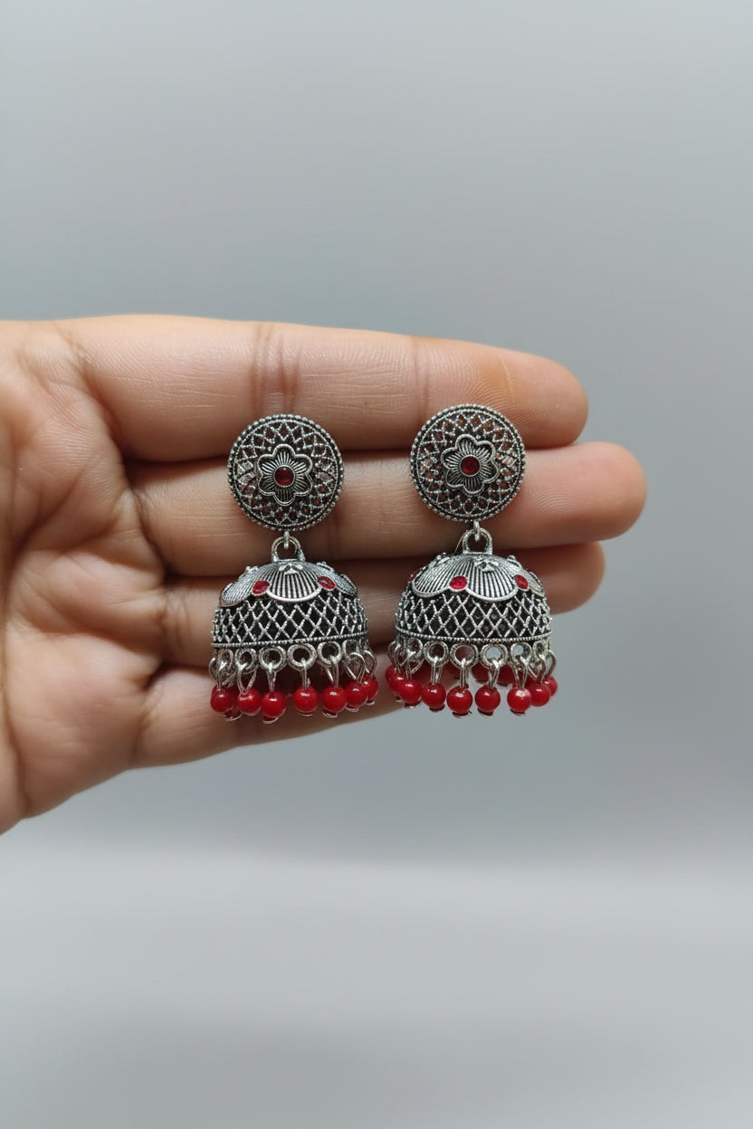 RED ROUND SILVER JHUMKI