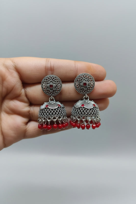 RED ROUND SILVER JHUMKI