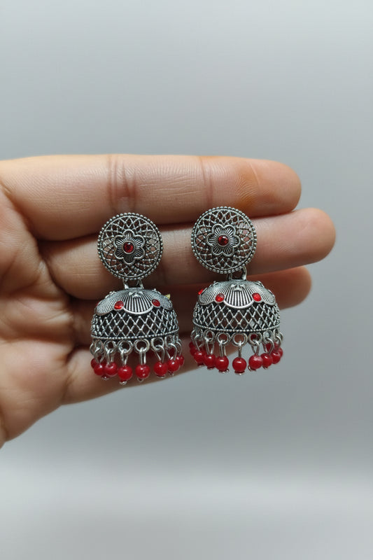 RED ROUND SILVER JHUMKI