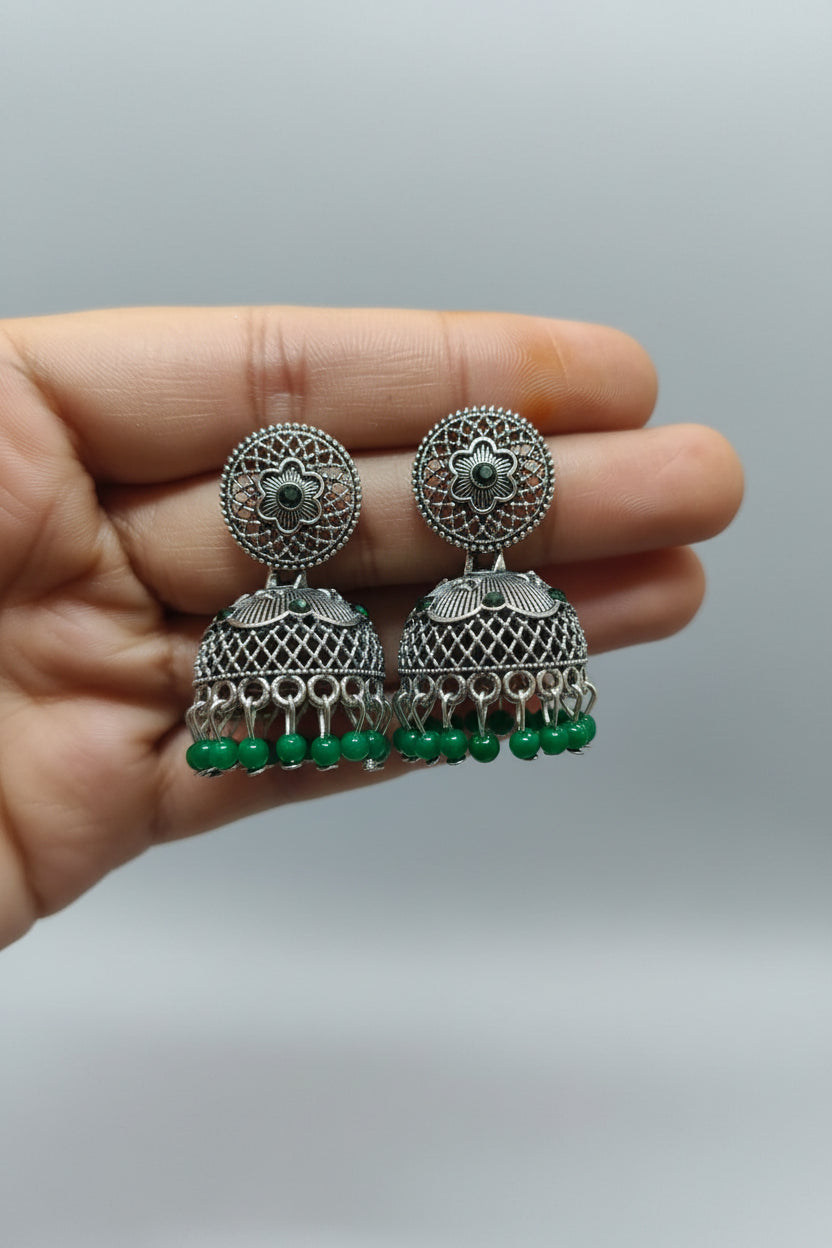 GREEN ROUND SILVER JHUMKI