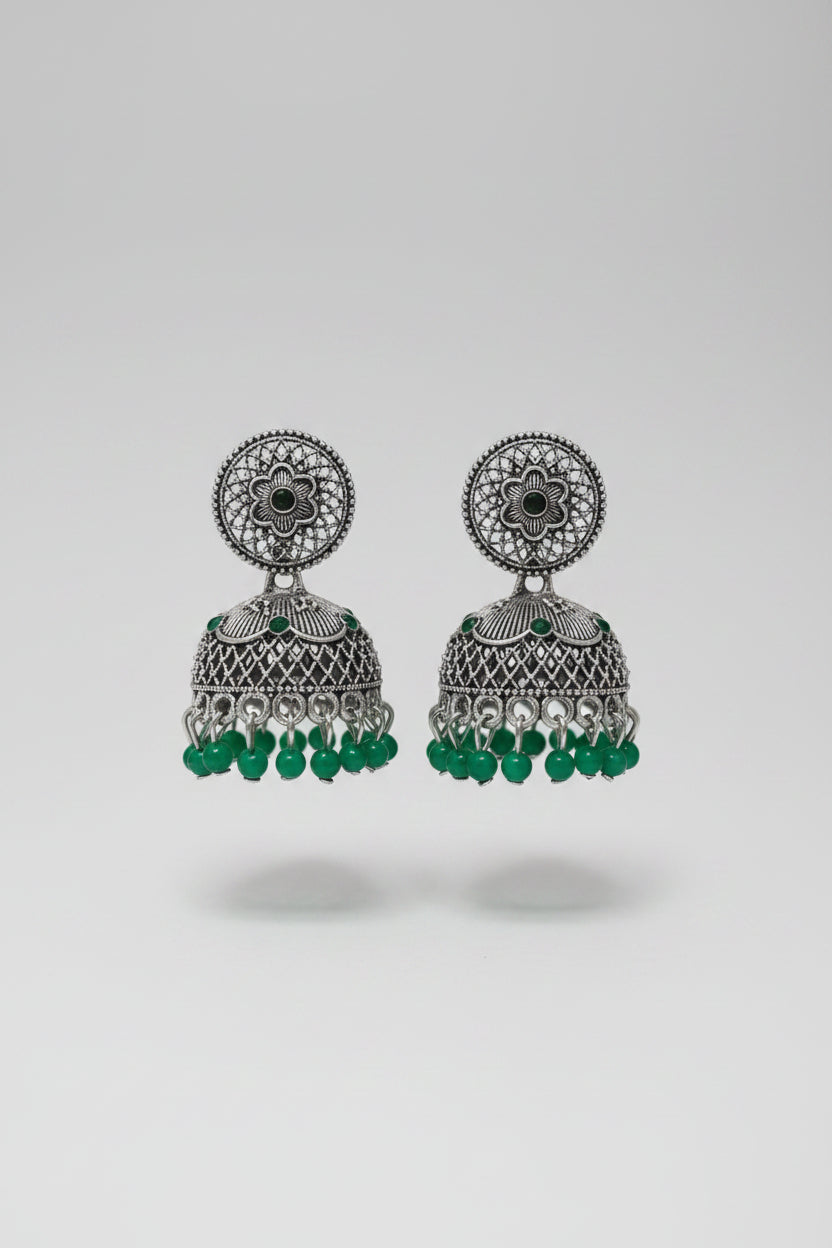 GREEN ROUND SILVER JHUMKI