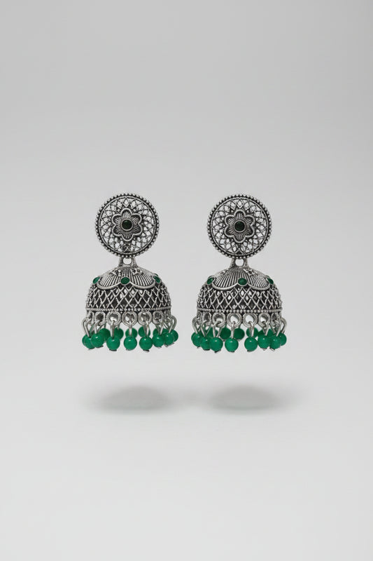 GREEN ROUND SILVER JHUMKI