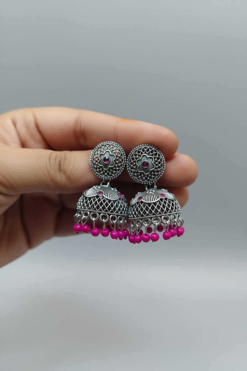 PINK ROUND SILVER JHUMKI