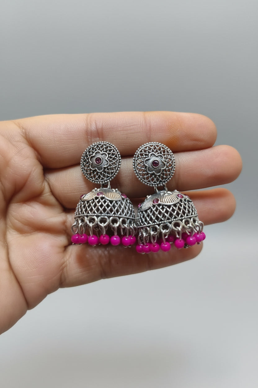 PINK ROUND SILVER JHUMKI