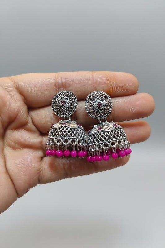 PINK ROUND SILVER JHUMKI