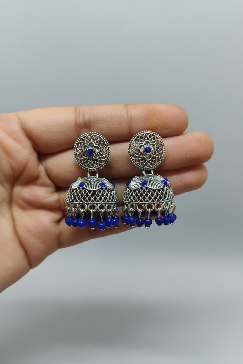 DARK BLUE ROUND SILVER JHUMKI