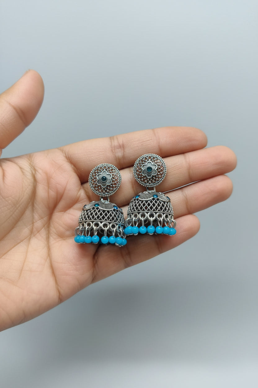 SKY BLUE ROUND SILVER JHUMKI