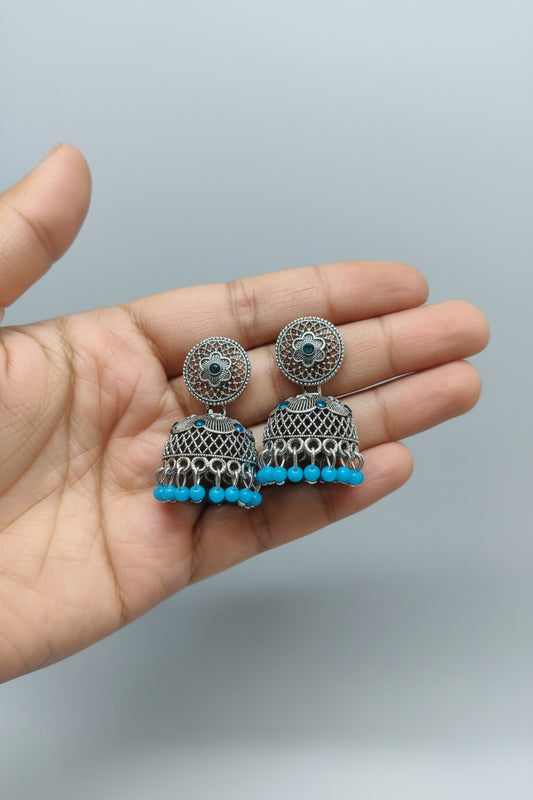 SKY BLUE ROUND SILVER JHUMKI