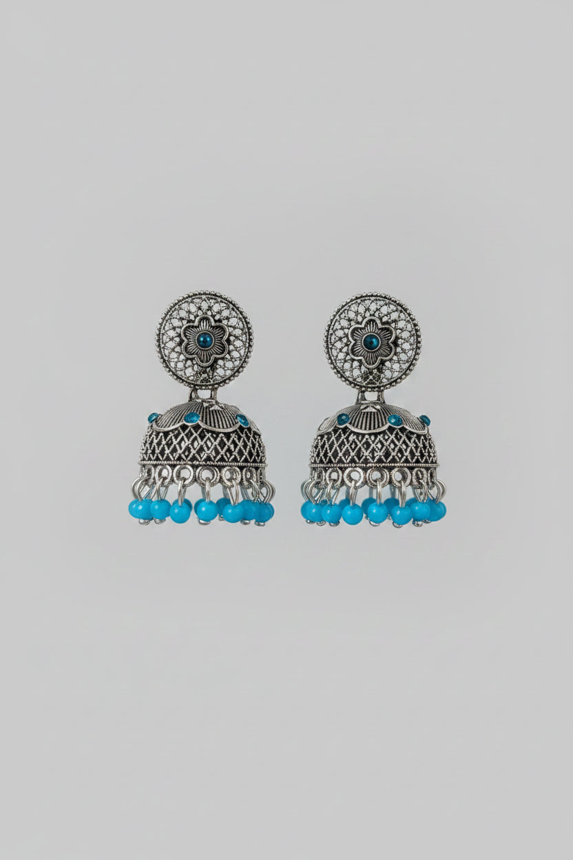SKY BLUE ROUND SILVER JHUMKI