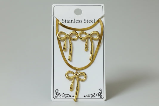Gold Bow Pendant Necklace Set with Earrings | Anti-Tarnish Bow Knot Jewelry Set for Women