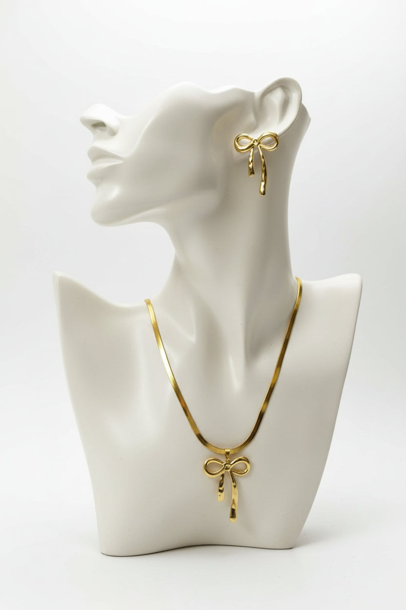 Gold Bow Pendant Necklace Set with Earrings | Anti-Tarnish Bow Knot Jewelry Set for Women
