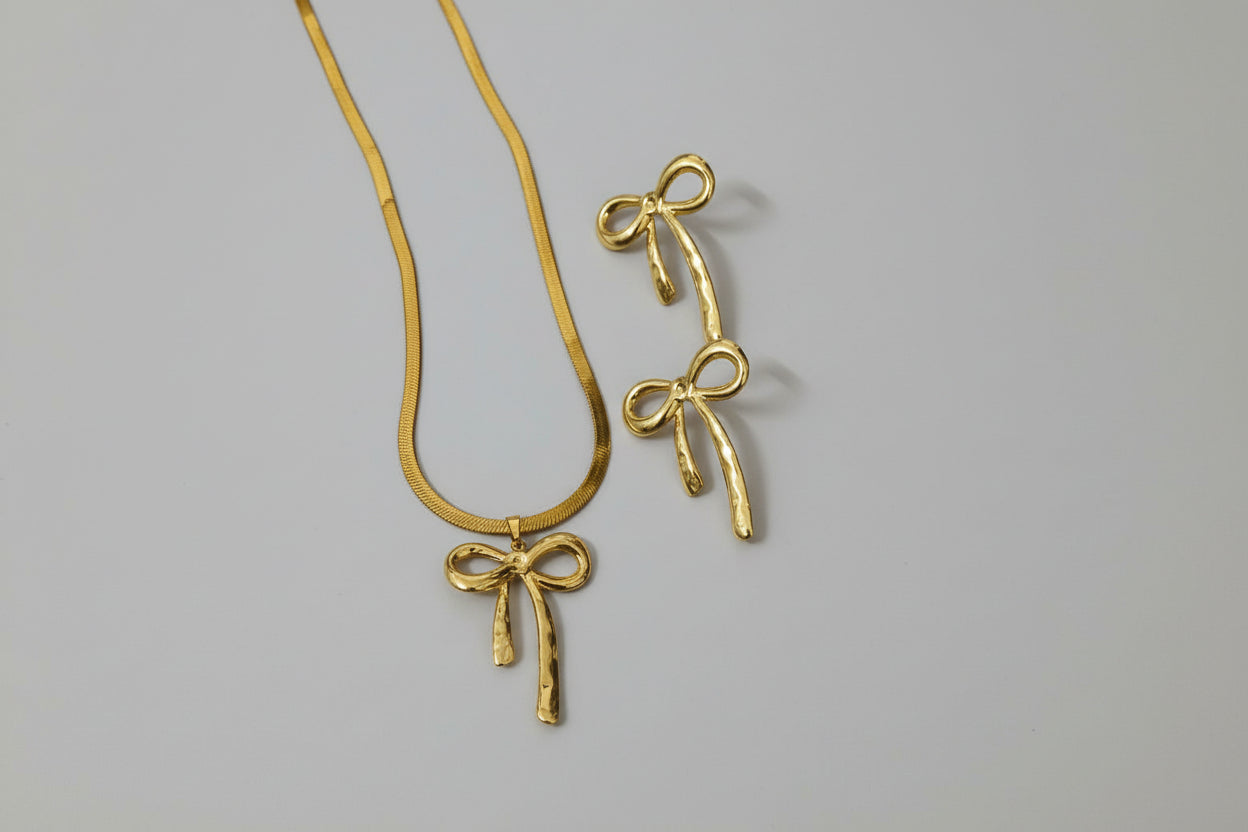 Gold Bow Pendant Necklace Set with Earrings | Anti-Tarnish Bow Knot Jewelry Set for Women