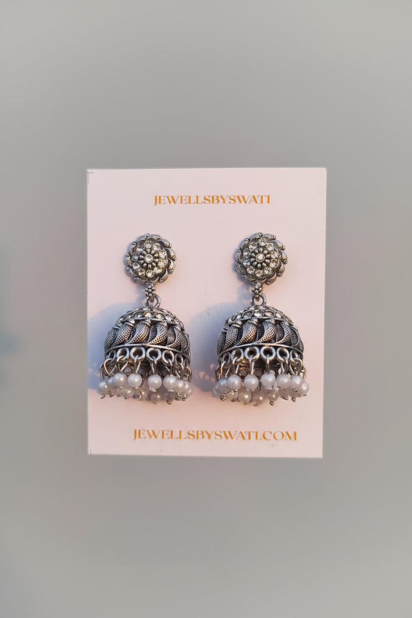 Oxidised Silver Pearl Jhumka Earrings for Women
