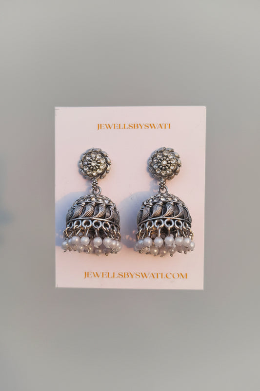 Oxidised Silver Pearl Jhumka Earrings for Women