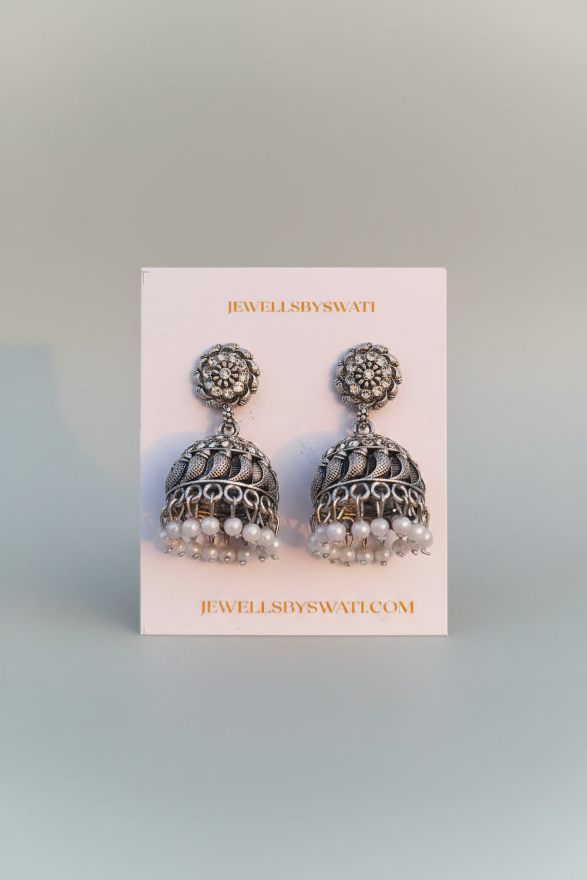 Oxidised Silver Pearl Jhumka Earrings for Women
