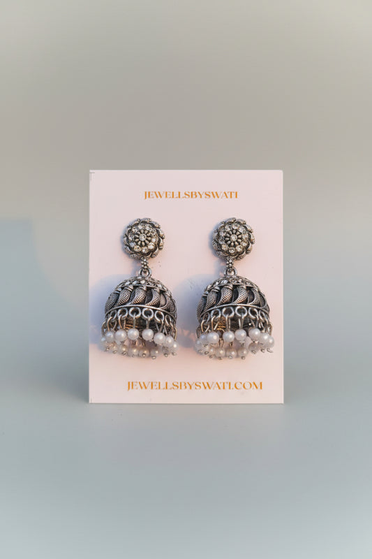 Oxidised Silver Pearl Jhumka Earrings for Women