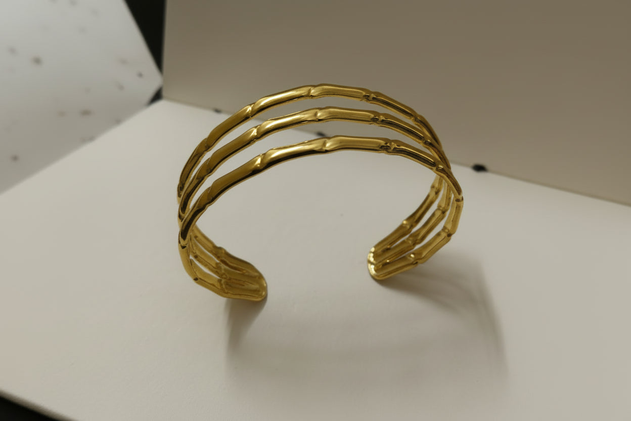 Gold Plated Triple Layer Bamboo Cuff Bracelet for Women | Adjustable Open Bangle | Trendy Minimal Statement Jewellery