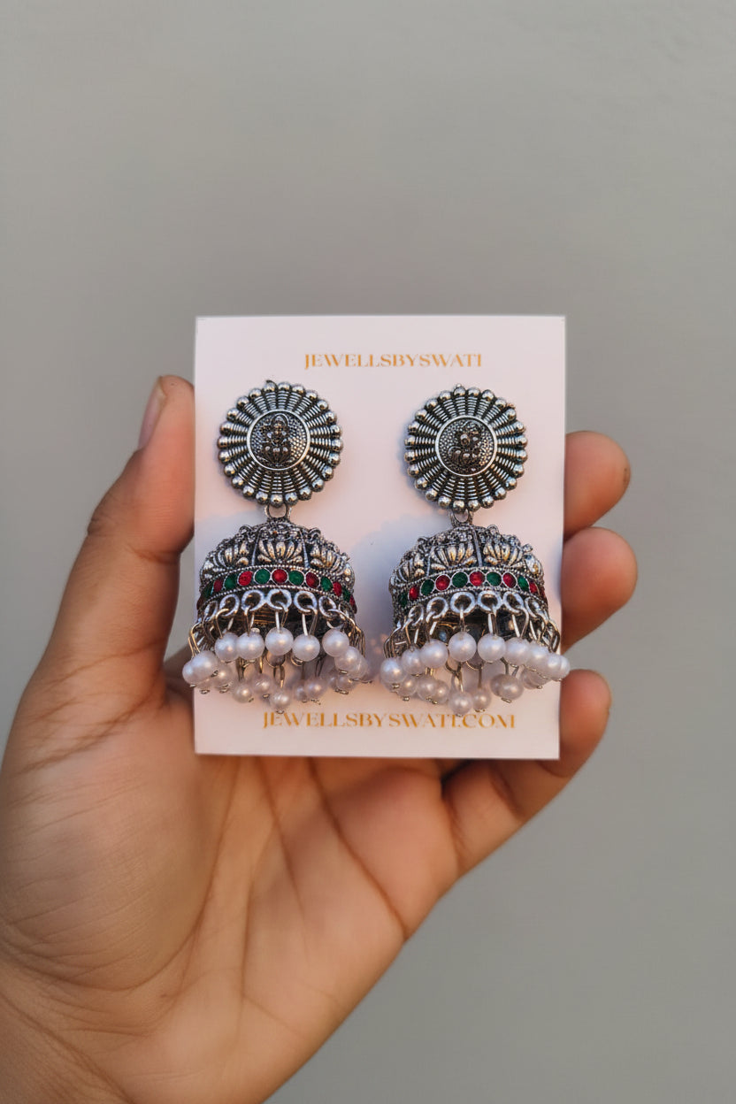 TEMPLE MAHALAXMI SILVER OXIDISED JHUMKI