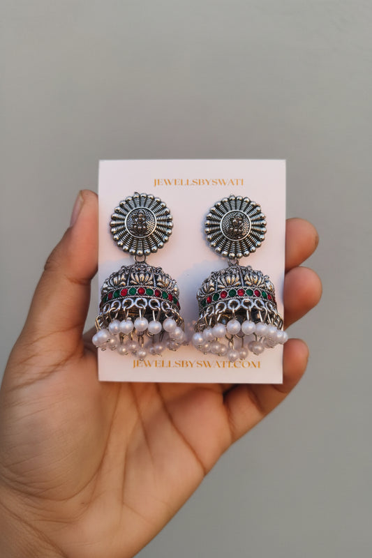 TEMPLE MAHALAXMI SILVER OXIDISED JHUMKI