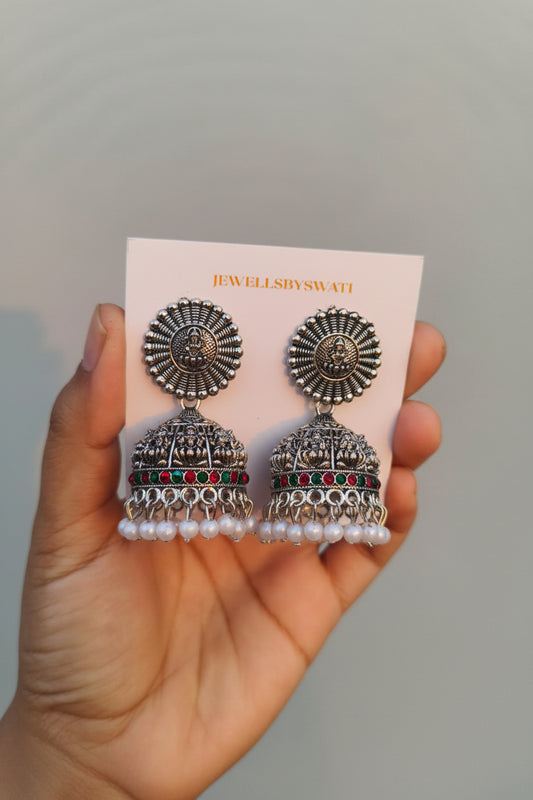 TEMPLE MAHALAXMI SILVER OXIDISED JHUMKI