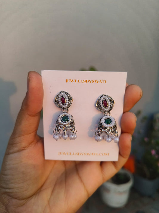 SMALL RED GREEN OXIDISED JHUMKI