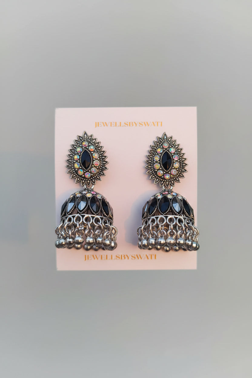 SILVER OXIDISED JHUMKI BLACK STONES