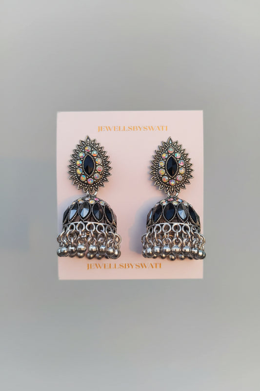 SILVER OXIDISED JHUMKI BLACK STONES