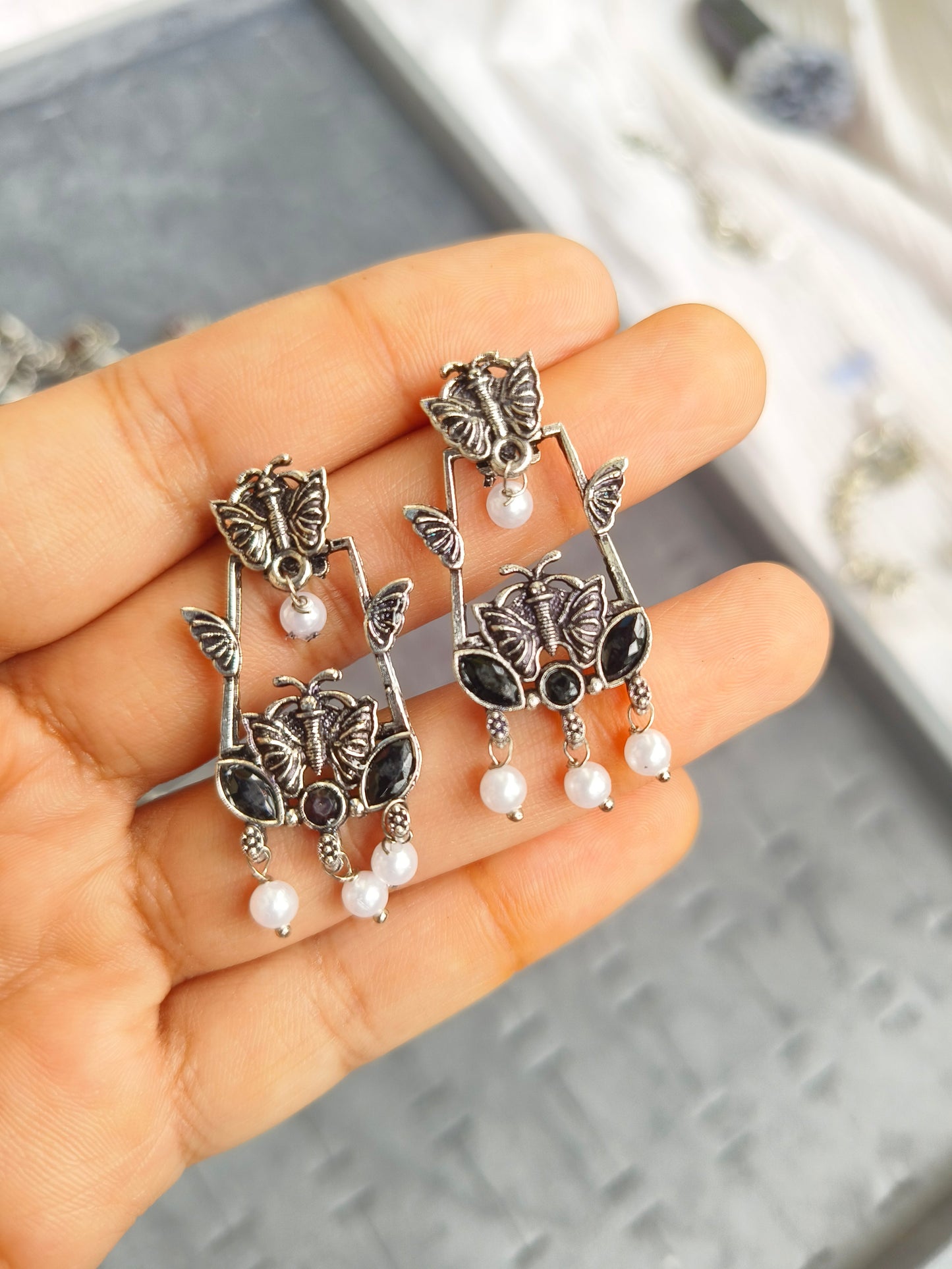 Butterfly & Pearl Oxidized Earrings 🦋✨ Ethnic Chic Vibes