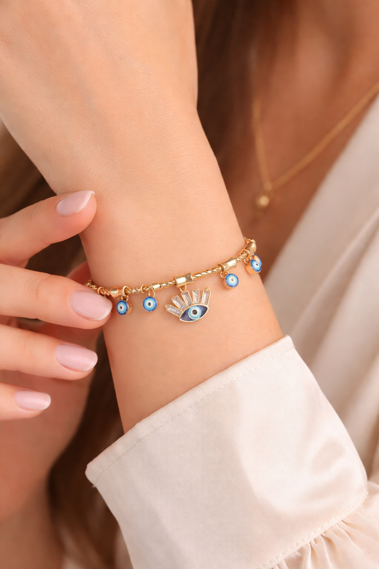 Anti-Tarnish Gold Evil Eye Charm Bracelet for Women | Adjustable Nazar Protection Bracelet | Trendy Daily Wear Jewellery