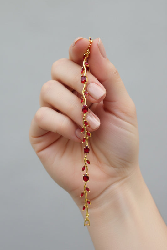 Red Tulip Gold Bracelet | Elegant Floral Gemstone Dainty Jewelry for Women