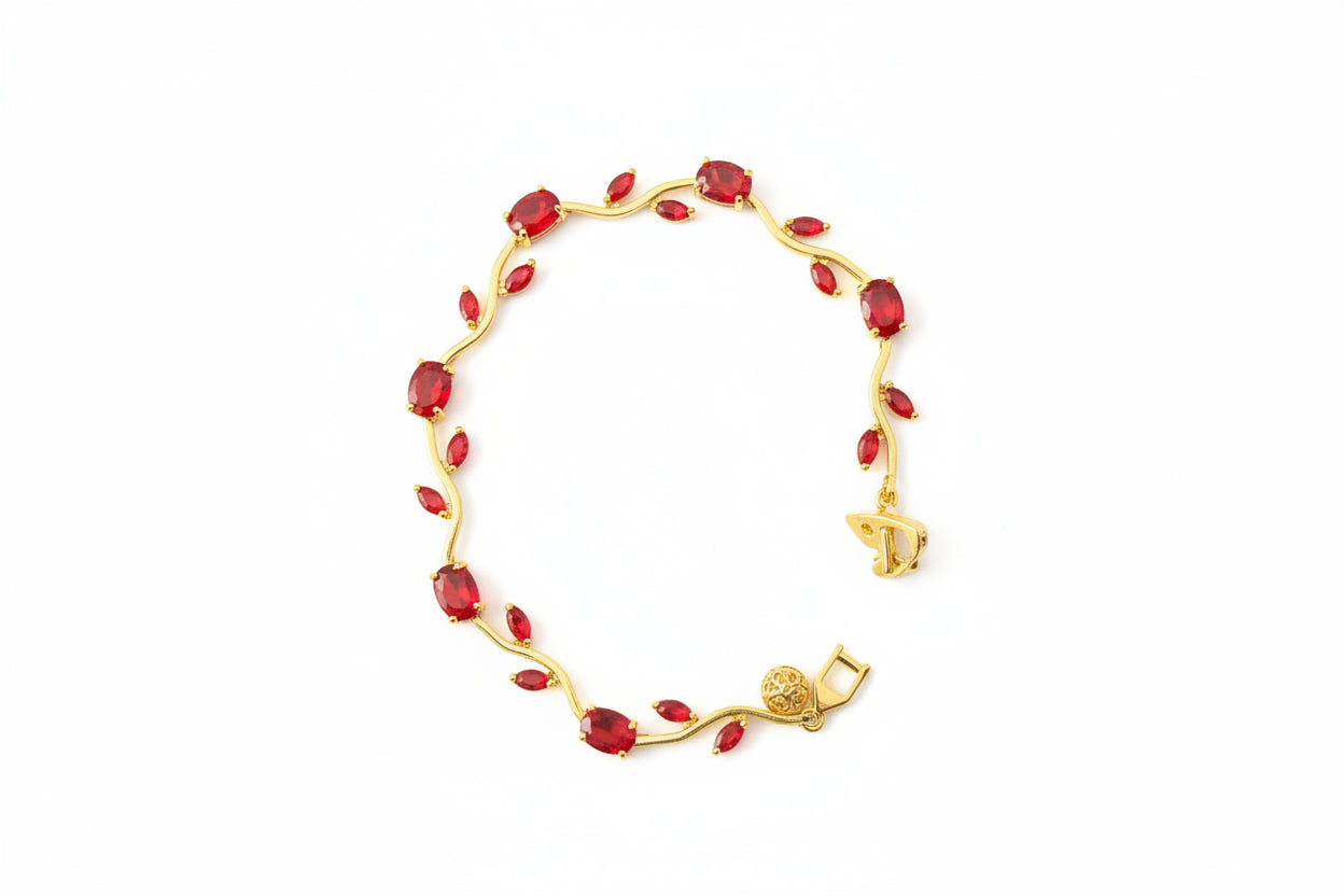 Red Tulip Gold Bracelet | Elegant Floral Gemstone Dainty Jewelry for Women