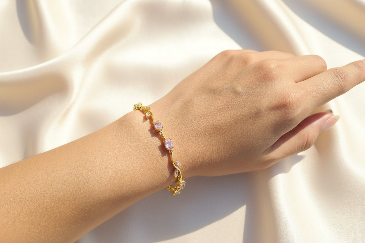 Tulip Gold Bracelet with Pink Gemstones | Elegant Floral Dainty Jewelry for Women