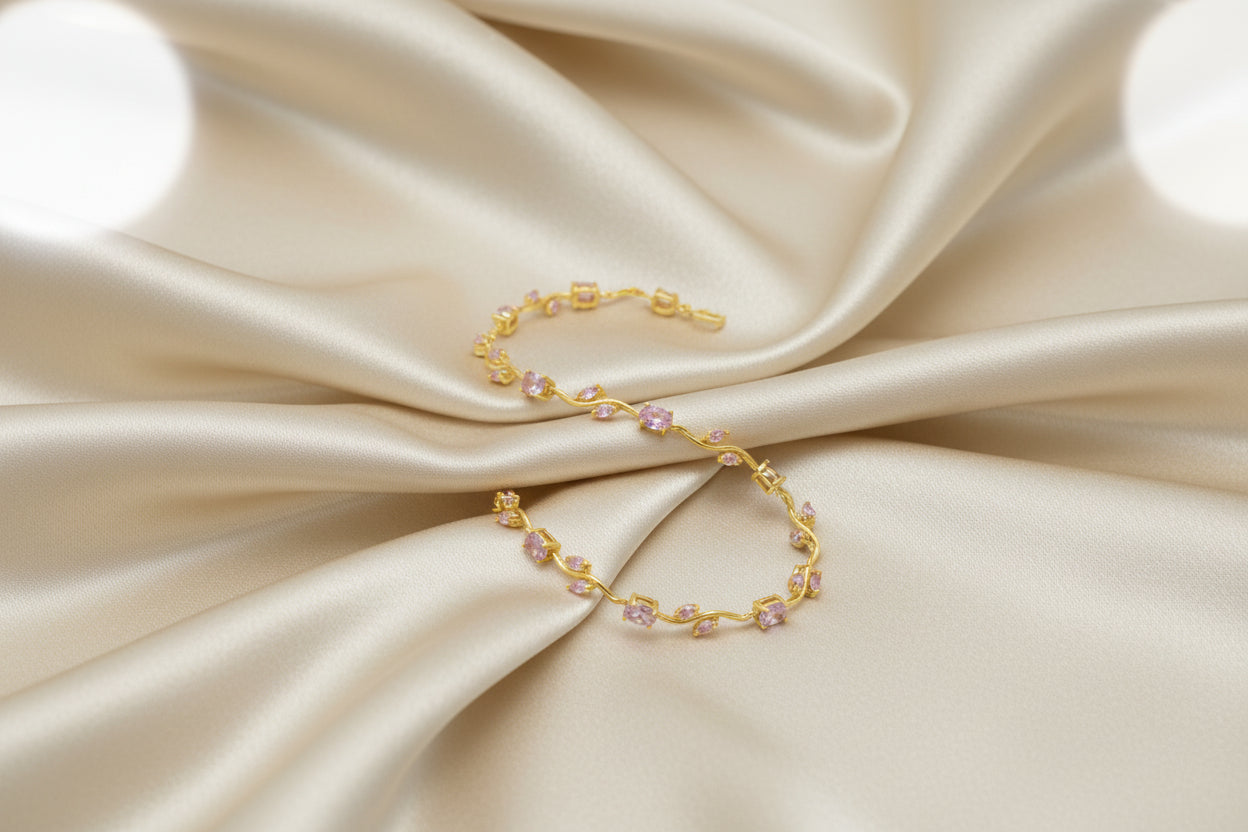 Tulip Gold Bracelet with Pink Gemstones | Elegant Floral Dainty Jewelry for Women