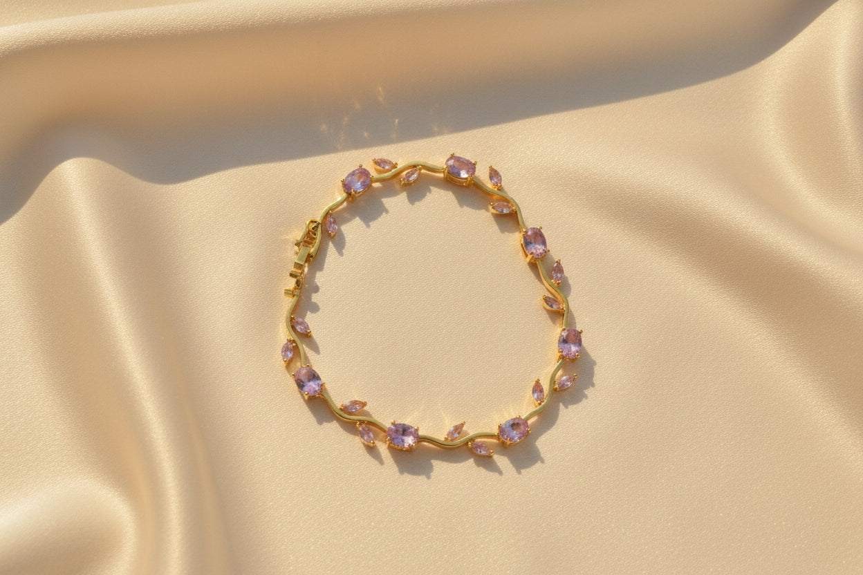 Tulip Gold Bracelet with Pink Gemstones | Elegant Floral Dainty Jewelry for Women