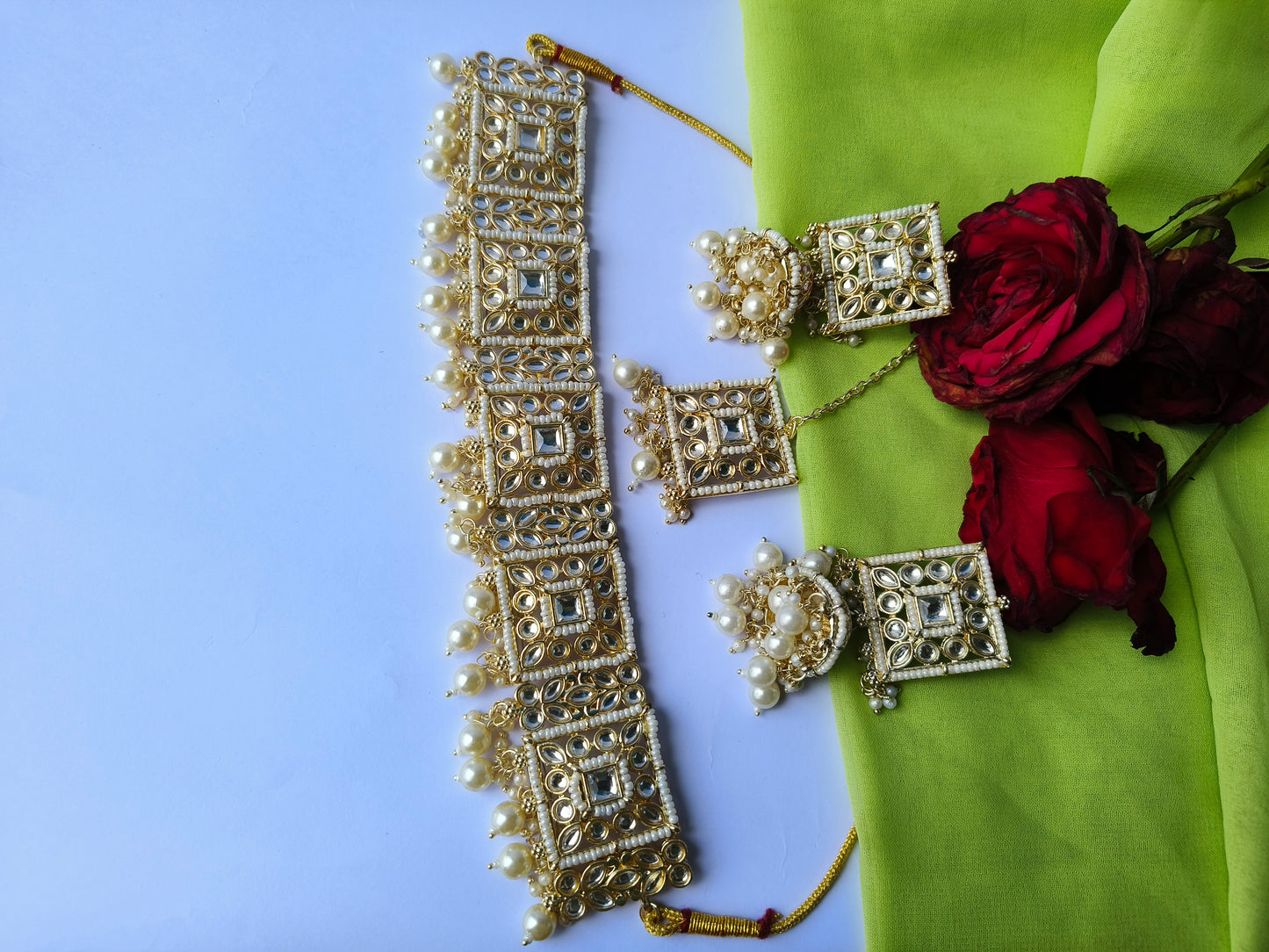 Traditional Square Kundan Choker Necklace Set with Pearl Drops & Matching Jhumka and Mangtika