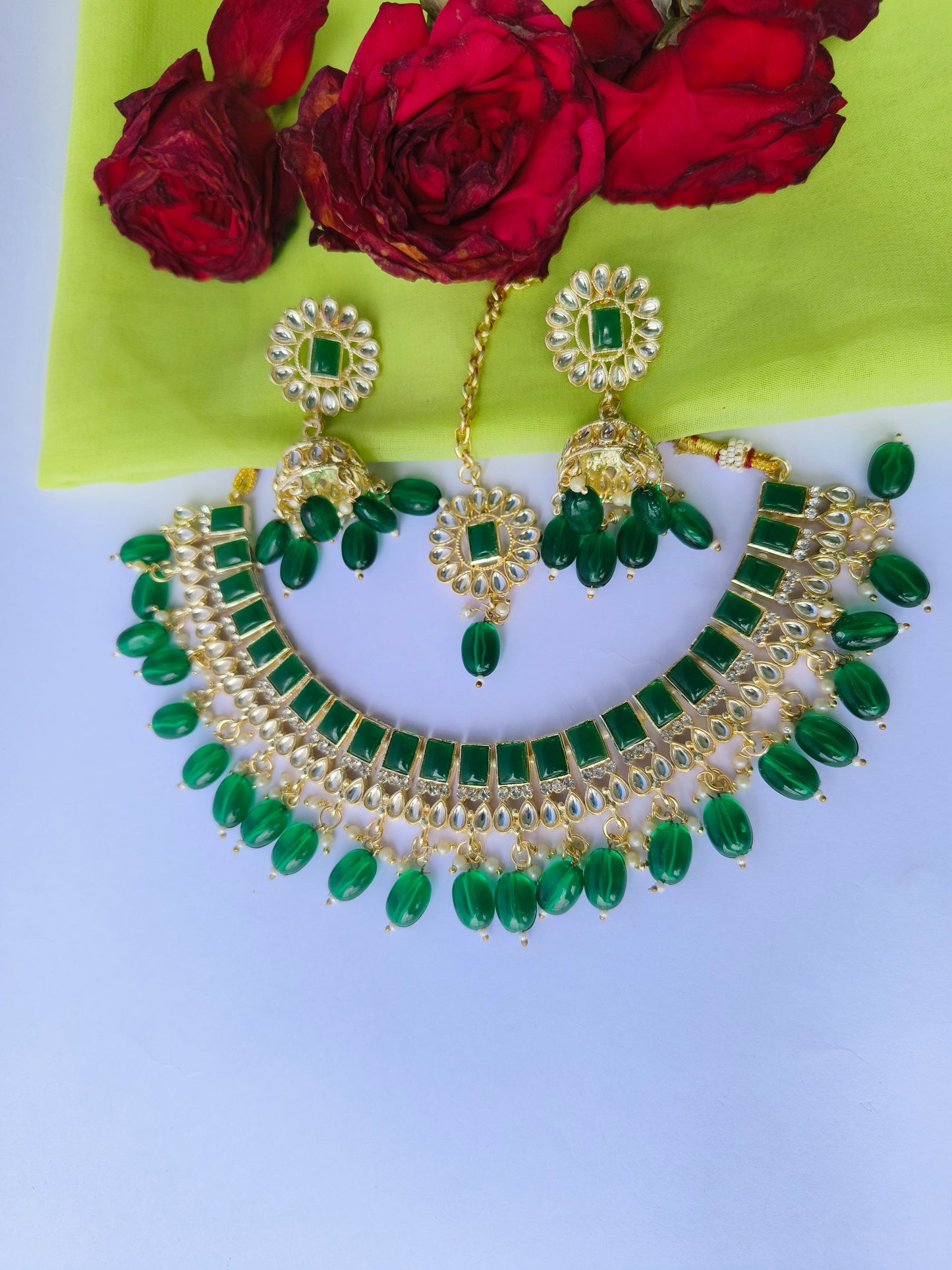 Royal Green Beads & Kundan Choker Necklace Set with Matching Jhumka & Earrings