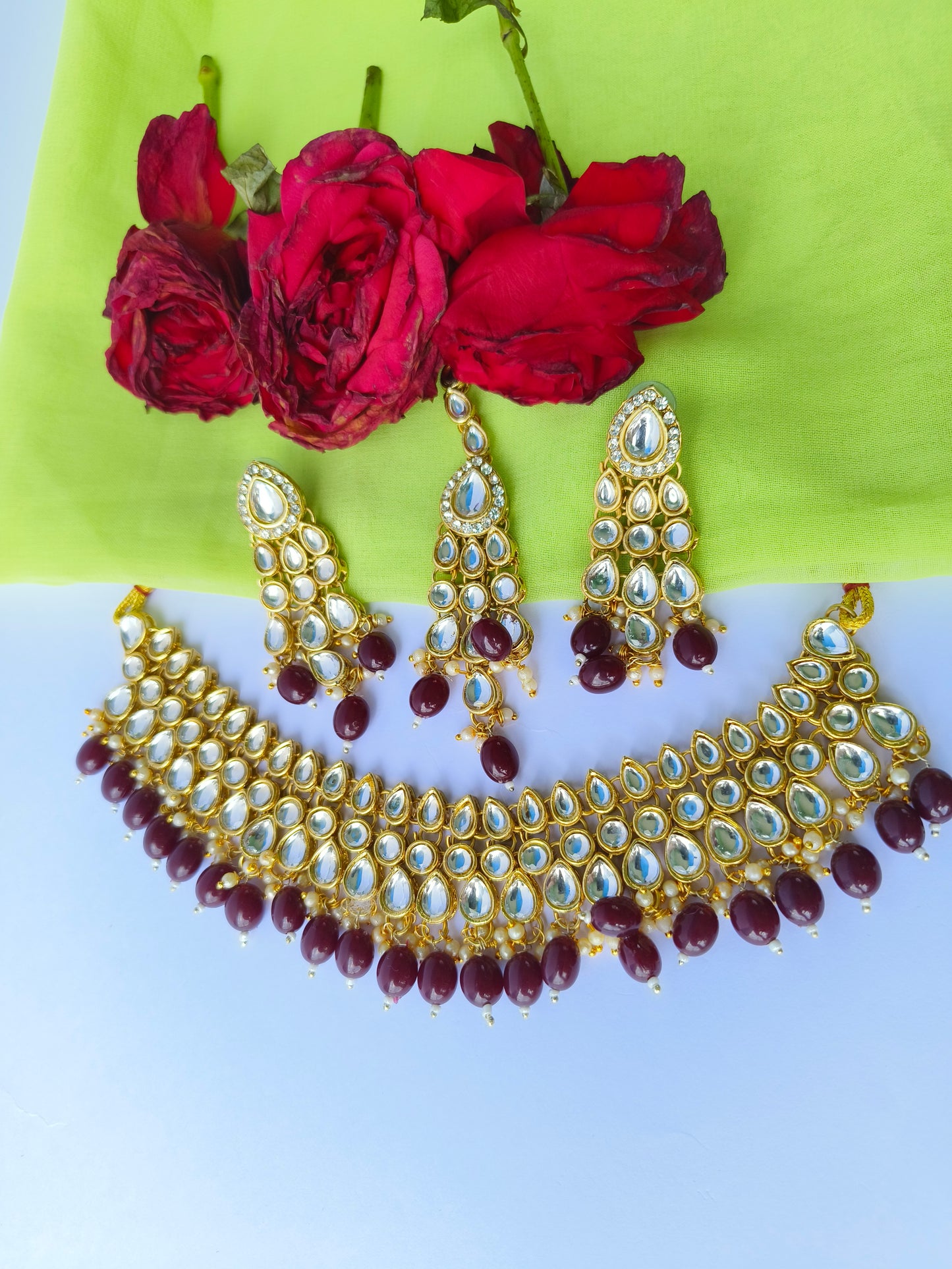 Maroon Beads & Kundan Stone Necklace With Earrings & Mangtika – Festive Ethnic Jewellery