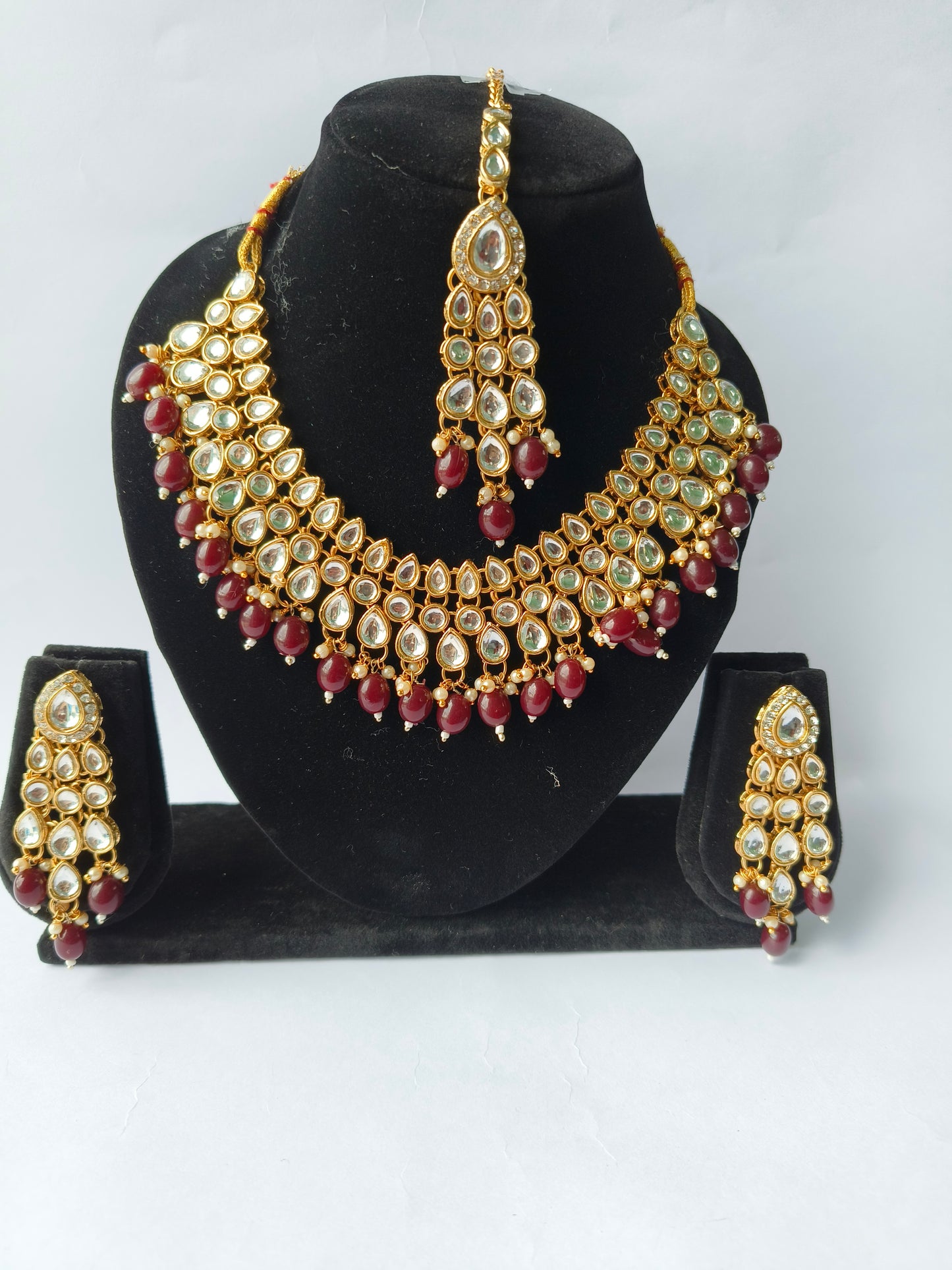 Maroon Beads & Kundan Stone Necklace With Earrings & Mangtika – Festive Ethnic Jewellery