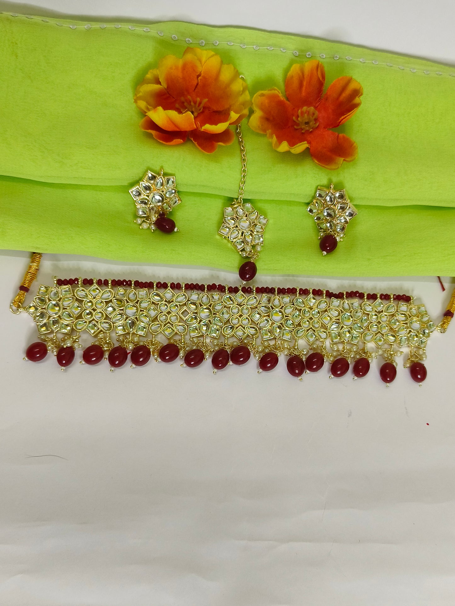 Maroon Kundan Choker Set with Earrings & Maangtika – Bridal & Festive Jewellery