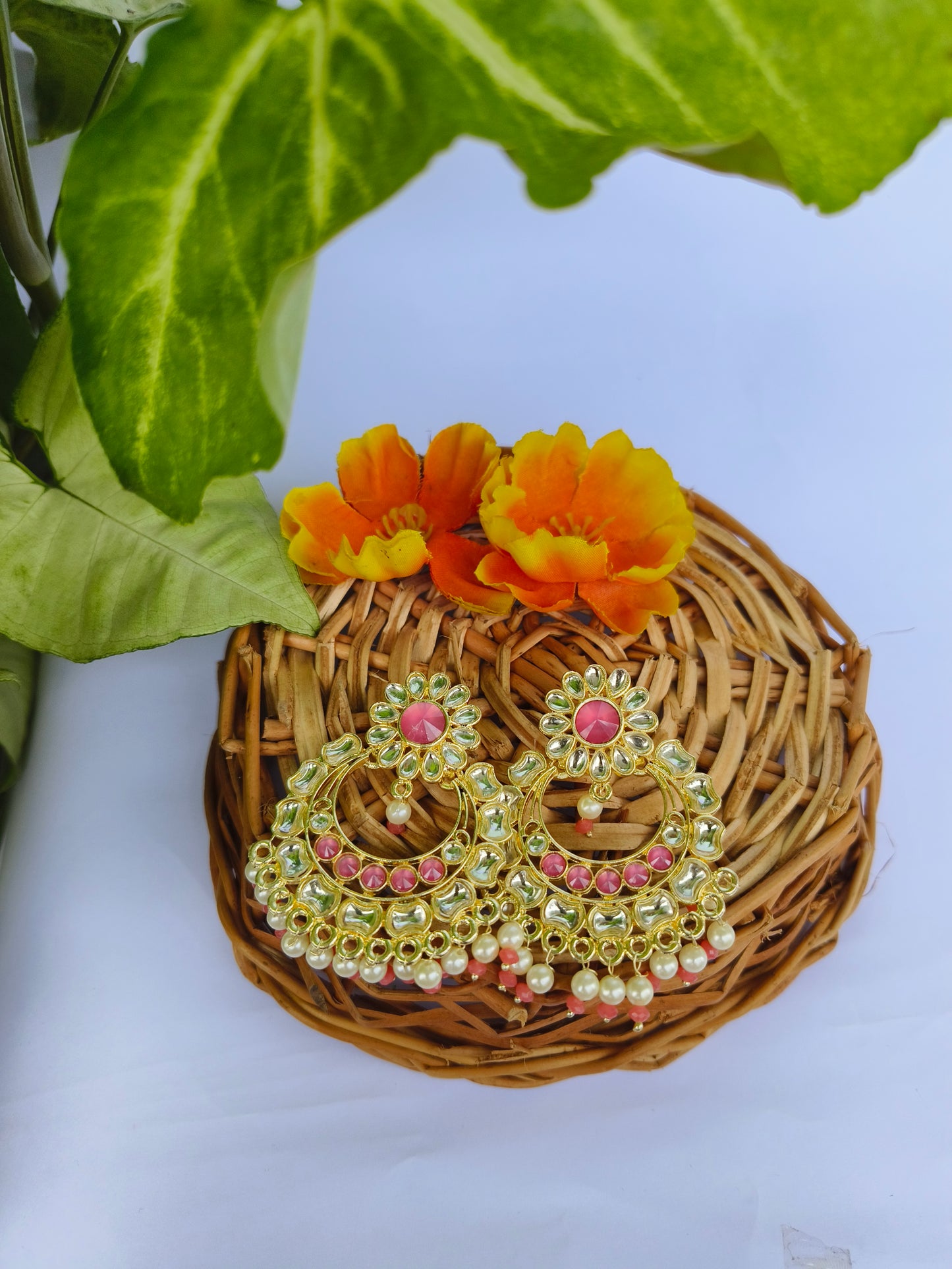 Pink Kundan Chandbali Earrings