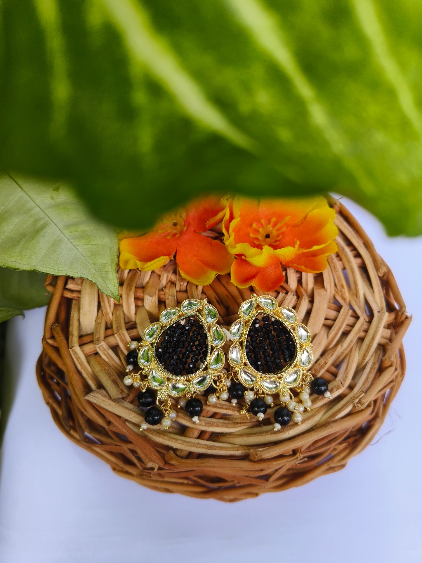 Black Beaded Kundan Teardrop Earrings