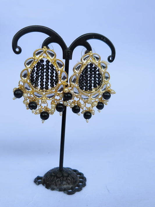 Black Beaded Kundan Teardrop Earrings
