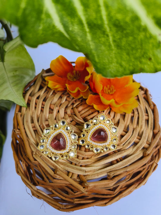 Sheer Pink Kundan LEAF Stud Earrings