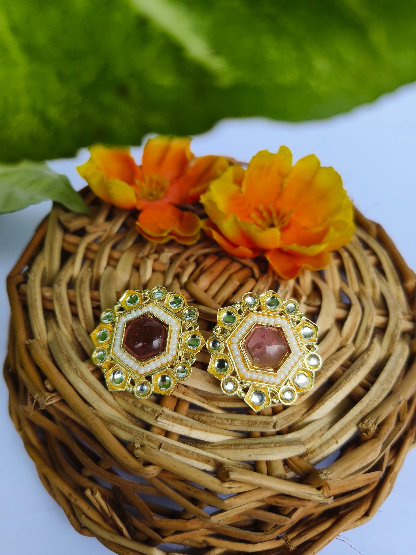 Sheer Pink Kundan Stud Earrings