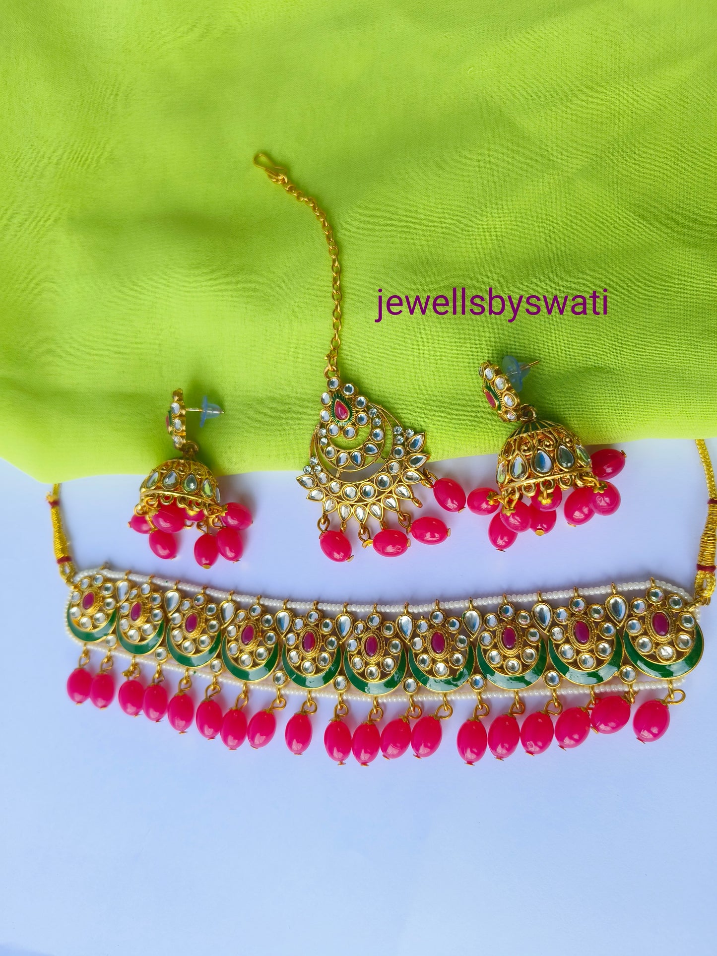 Pink Meenakari Necklace Set with Jhumki & Maangtika – Traditional Bridal Jewellery